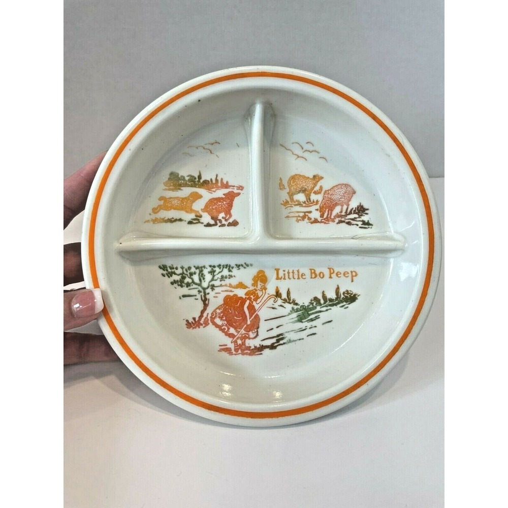 Vintage Fire King Little Bo Peep Ceramic Divided Nursery Rhyme 3 Section Dish 8"